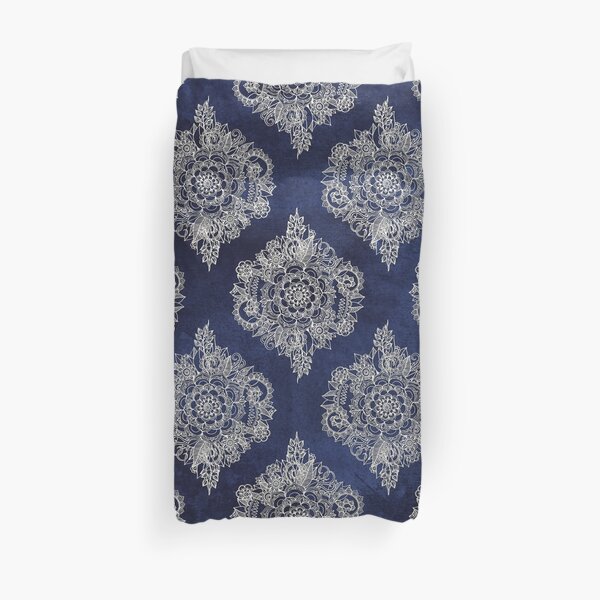 Cream Floral Moroccan Pattern on Deep Indigo Ink Duvet Cover