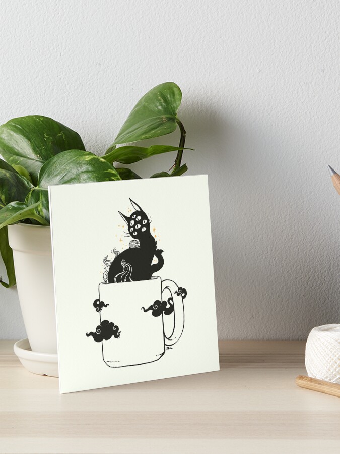 Thumbnail 1 of 2, Art Board Print, Many Eyed Cat In Coffee Cup With Magic Clouds designed and sold by cellsdividing.