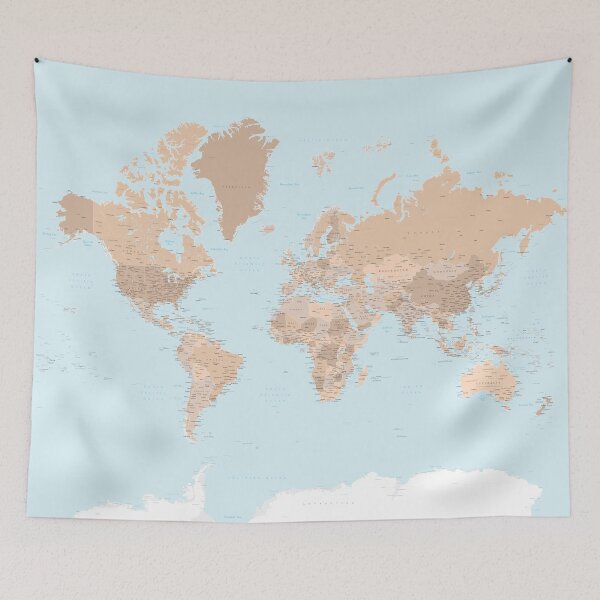 Item preview, Blue and brown detailed world map with state capitals and more designed and sold by blursbyai.