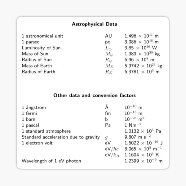 Astrophysical Data. Other data and conversion factors Sticker