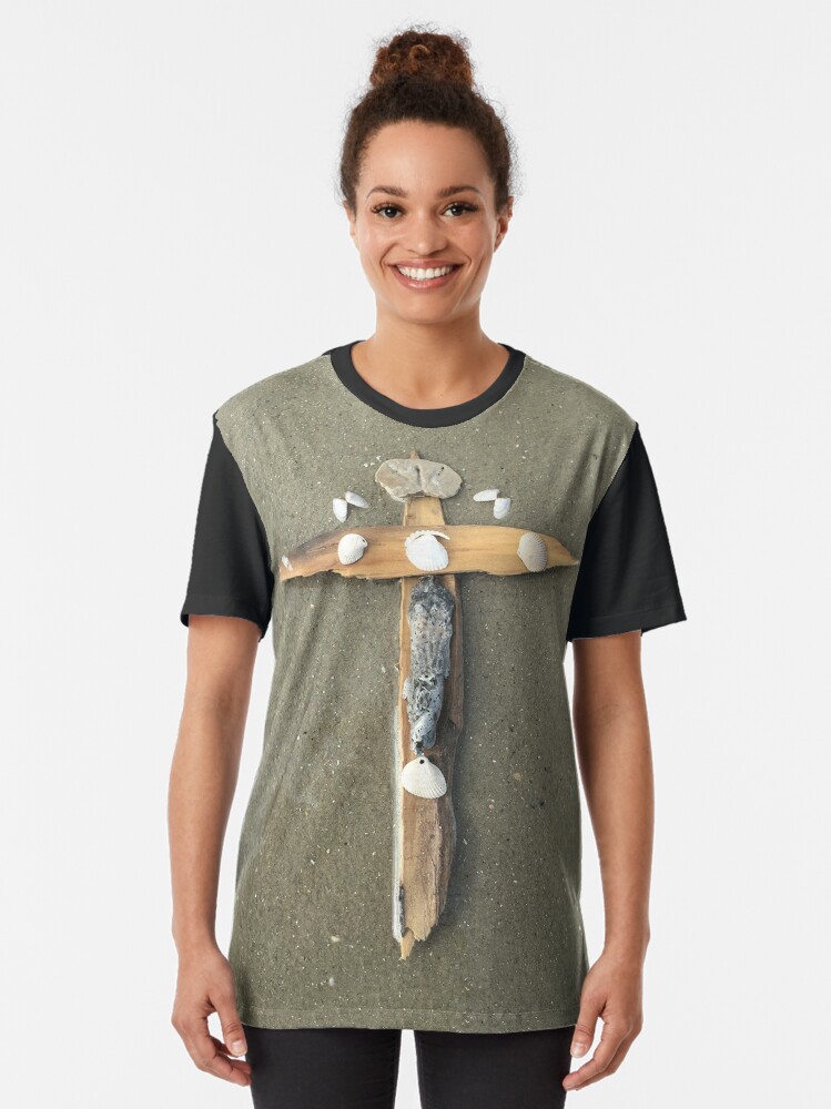 Thumbnail 2 of 5, Graphic T-Shirt, Driftwood cross on beach sand - From ccnow.info designed and sold by sdawsoncc.