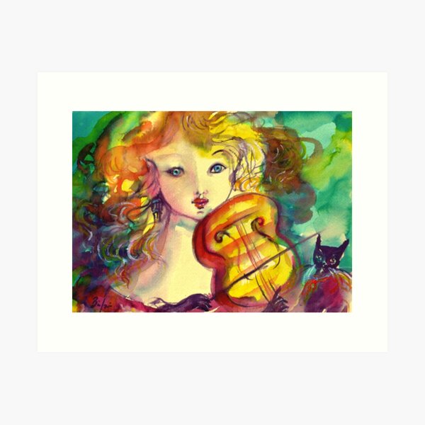 Vista previa del artículo con la obra «CHICA VIOLINISTA, VIOLÍN Y GATO Acuarela de Bulgan Lumini», diseñado y vendido por BulganLumini.