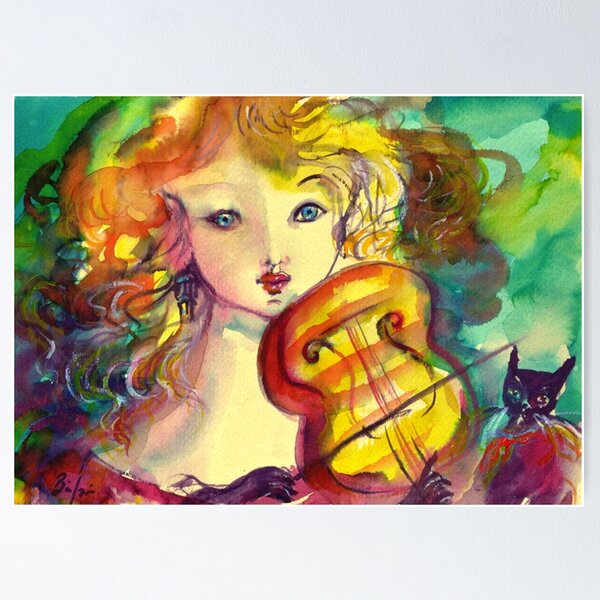 Item preview, VIOLINIST GIRL ,VIOLIN  AND CAT Watercolor by Bulgan Lumini designed and sold by BulganLumini.