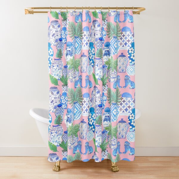 pink Chinoiserie botanical Chinese ginger jars and foo dogs with palms on pink Shower Curtain