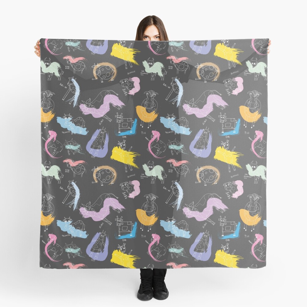 Funny cows line drawing with color splashes dark Scarf