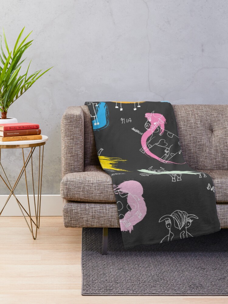 Alternate view of Funny cows line drawing with color splashes dark Throw Blanket