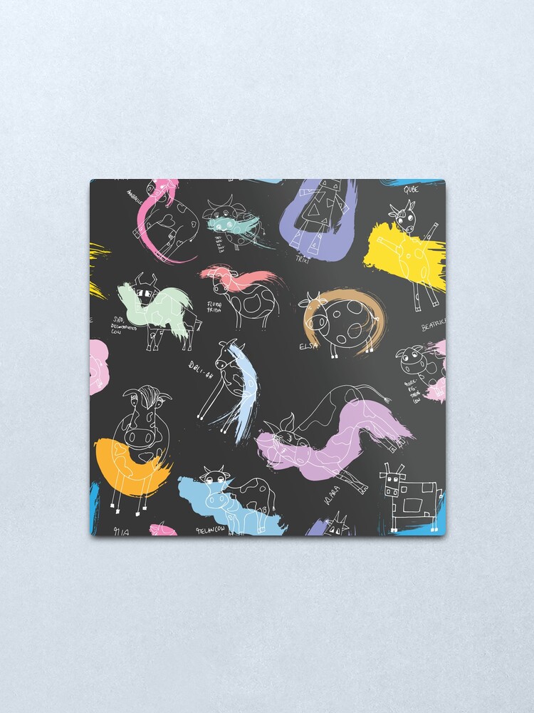 Alternate view of Funny cows line drawing with color splashes dark Metal Print