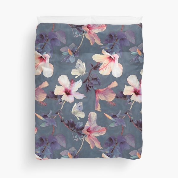Butterflies and Hibiscus Flowers - a painted pattern Duvet Cover