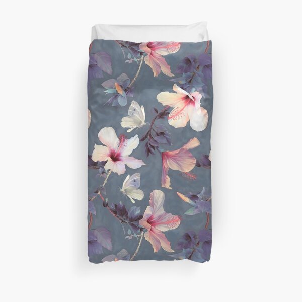 Butterflies and Hibiscus Flowers - a painted pattern Duvet Cover