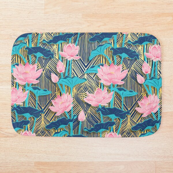 Art Deco Lotus Flowers in Pink & Navy Bath Mat