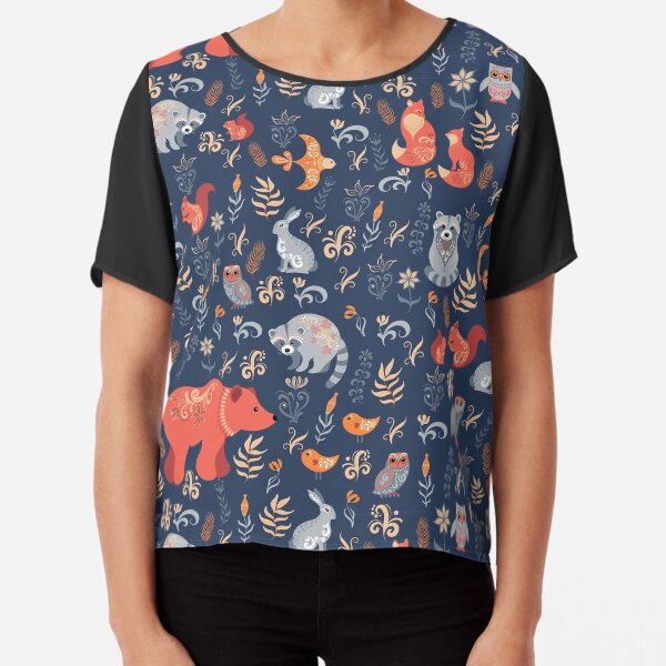 Fairy-tale forest. Fox, bear, raccoon, owls, rabbits, flowers and herbs on a blue background. Chiffon Top