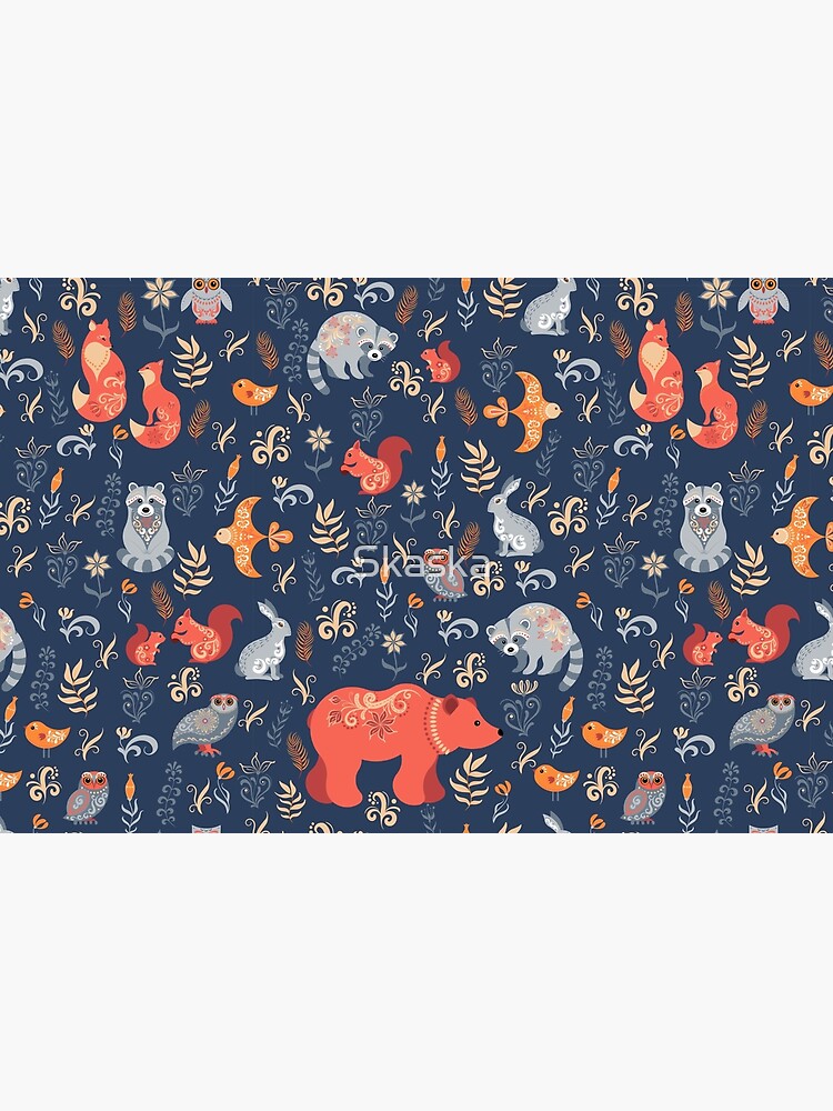 Fairy-tale forest. Fox, bear, raccoon, owls, rabbits, flowers and herbs on a blue background. by Skaska
