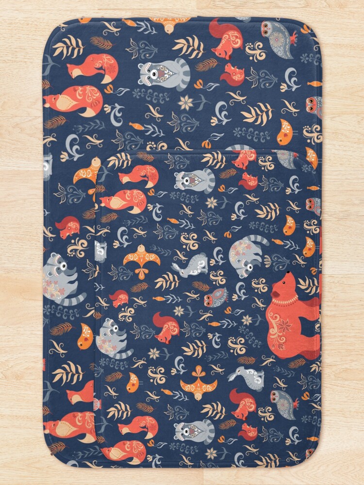Alternate view of Fairy-tale forest. Fox, bear, raccoon, owls, rabbits, flowers and herbs on a blue background. Bath Mat
