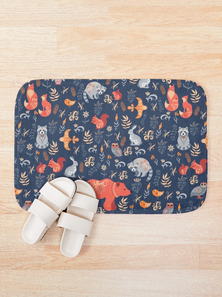 Alternate view of Fairy-tale forest. Fox, bear, raccoon, owls, rabbits, flowers and herbs on a blue background. Bath Mat