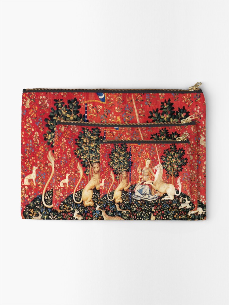 Alternate view of LADY AND UNICORN ,SIGHT Red Green Fantasy Flowers,Animals Zipper Pouch