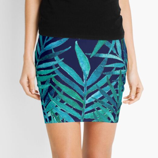 Watercolor Palm Leaves on Navy Mini Skirt