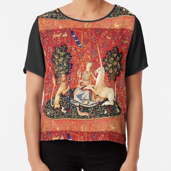 LADY AND UNICORN ,SIGHT Red Green Fantasy Flowers,Animals Chiffon Top