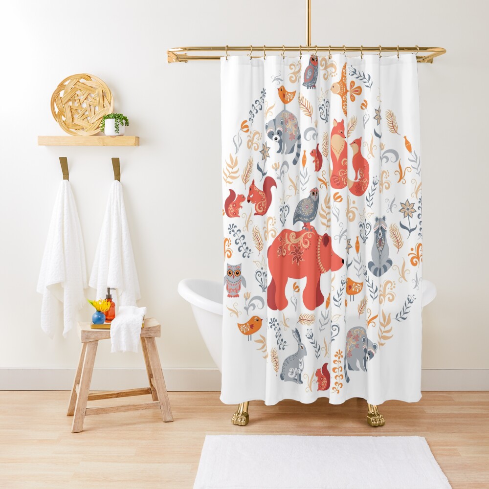 Fairy-tale forest. Fox, bear, raccoon, owls, rabbits, flowers and herbs. Circular ornament. Shower Curtain