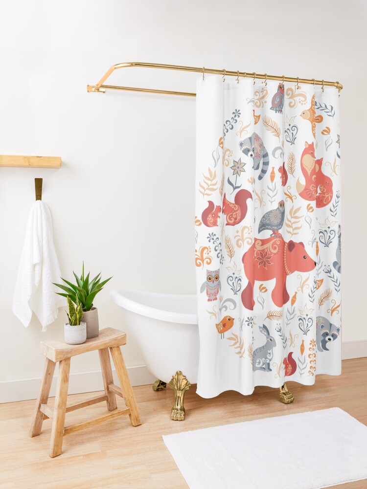 Alternate view of Fairy-tale forest. Fox, bear, raccoon, owls, rabbits, flowers and herbs. Circular ornament. Shower Curtain