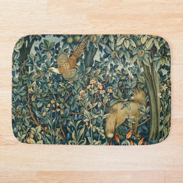 GREENERY, FOREST ANIMALS Pheasant and Fox Blue Green Floral Tapestry Bath Mat