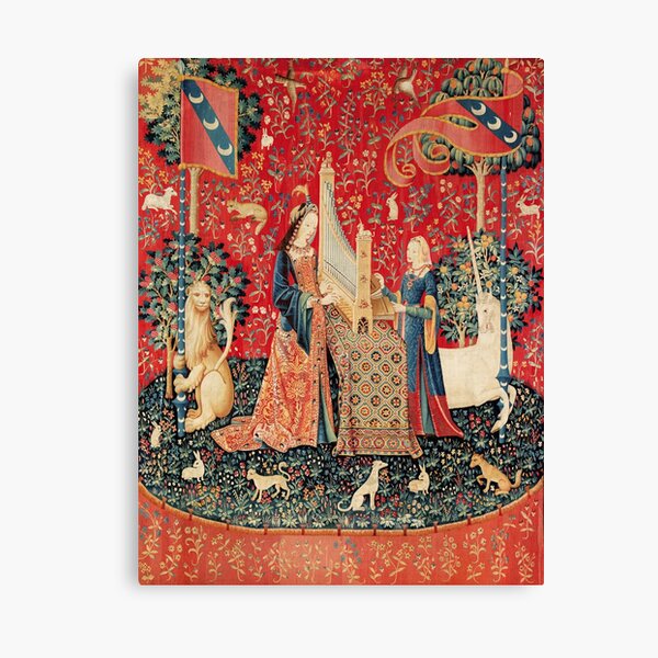 UNICORN AND LADY PLAYING ORGAN WITH ANIMALS , Hearing Canvas Print
