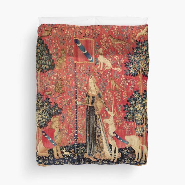 LADY AND UNICORN ,TOUCH ,Lion,Fantasy Flowers,Animals Red Green Floral Duvet Cover