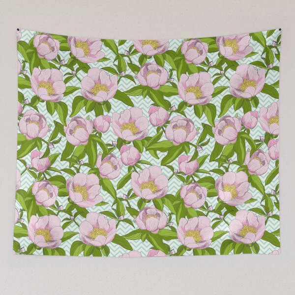 Item preview, Pattern with hand drawn peonies on a background with zigzag pattern. Retro-style. designed and sold by Skaska.