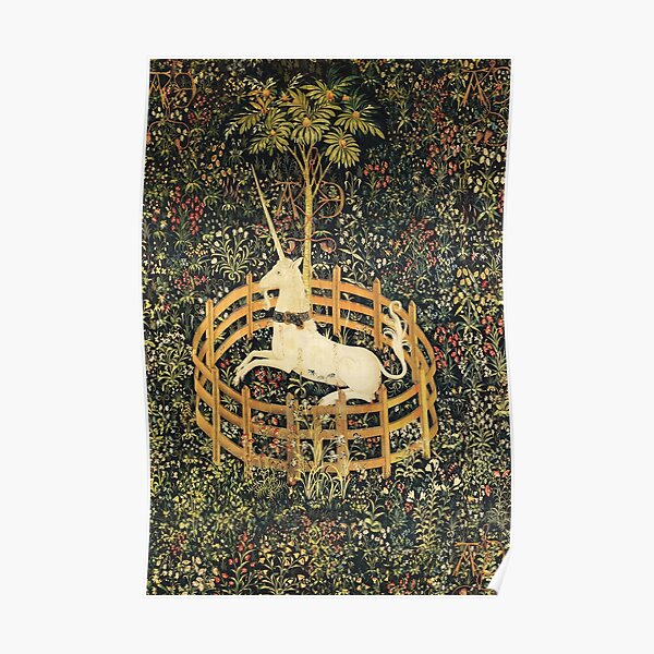 UNICORN AND GOTHIC FANTASY FLOWERS, GREEN FLORAL MOTIFS Poster