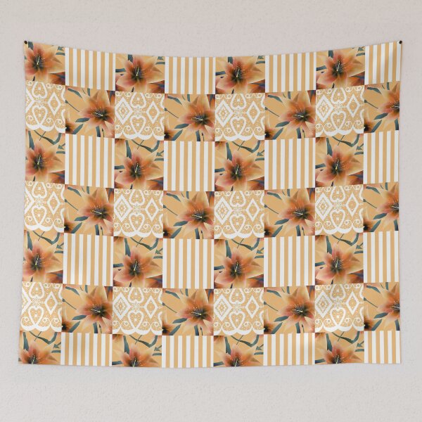 Item preview, Patchwork seamless floral orange lilly pattern texture background with stripes designed and sold by fuzzyfox.