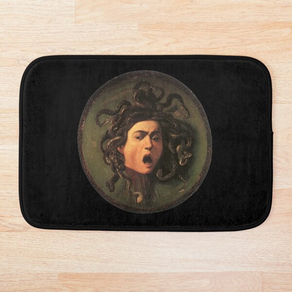 Medusa. Gorgon. Venomous snakes in place of hair. Monster. Greek Mythology. Michelangelo, Caravaggio. on BLACK. Bath Mat