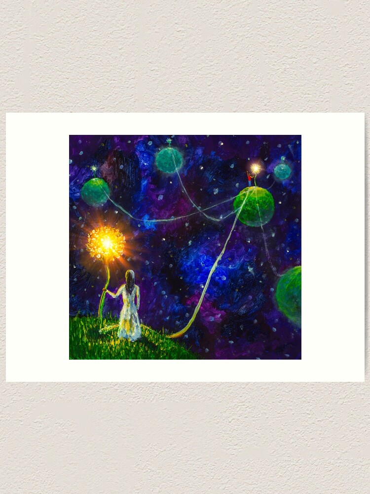 Threads of love. Princess and Little Prince. Love, planets and attraction  to each other. Original acrylic painting on canvas. | Art Print