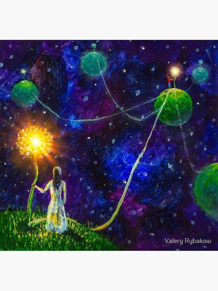 Threads of love. Princess and Little Prince. Love, planets and attraction  to each other. Original acrylic painting on canvas. | Greeting Card