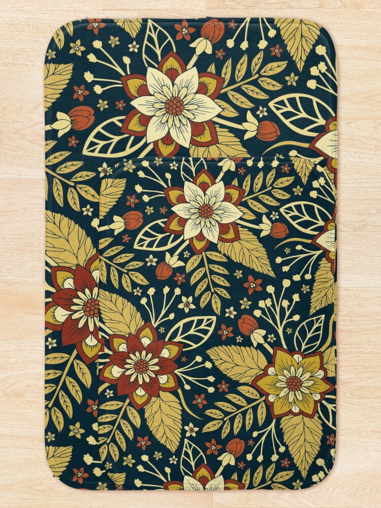 Alternate view of Gold and Navy Blue Floral Bath Mat
