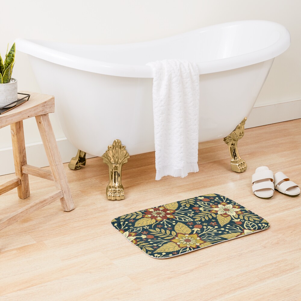 Gold and Navy Blue Floral Bath Mat
