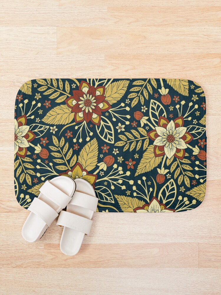 Alternate view of Gold and Navy Blue Floral Bath Mat