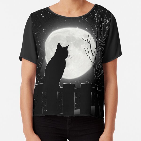 Silent night Cat looking at the full moon Chiffon Top