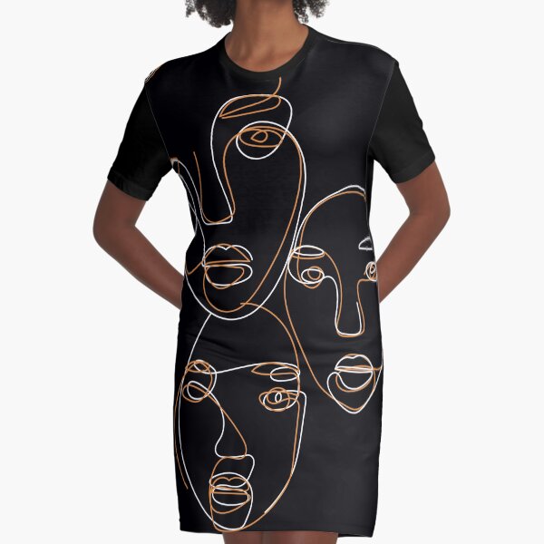 Three Faces Line Art Graphic T-Shirt Dress