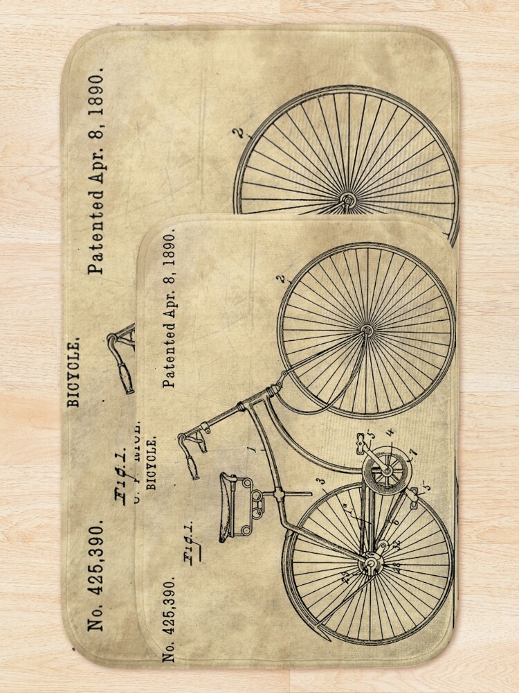 Alternate view of Antique Bicycle Blueprint patent drawing plan, Industrial farmhouse Bath Mat