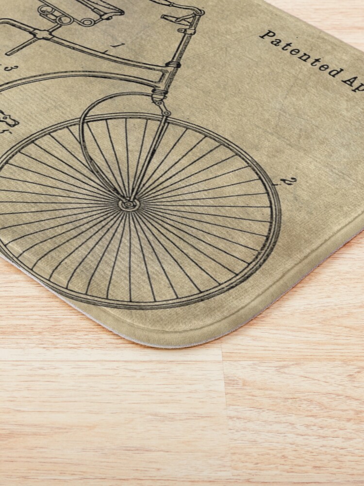 Alternate view of Antique Bicycle Blueprint patent drawing plan, Industrial farmhouse Bath Mat