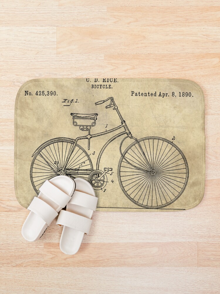 Alternate view of Antique Bicycle Blueprint patent drawing plan, Industrial farmhouse Bath Mat
