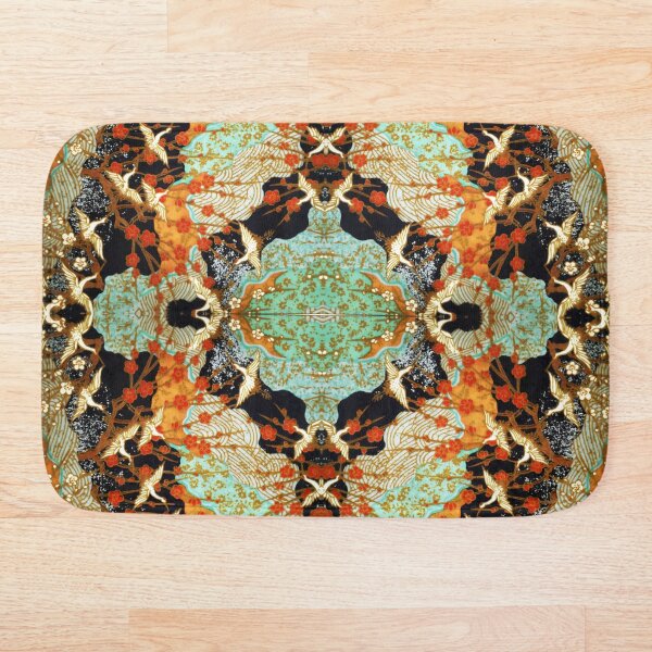 FLYING CRANES AND SPRING FLOWERS Antique Japanese Floral Bath Mat