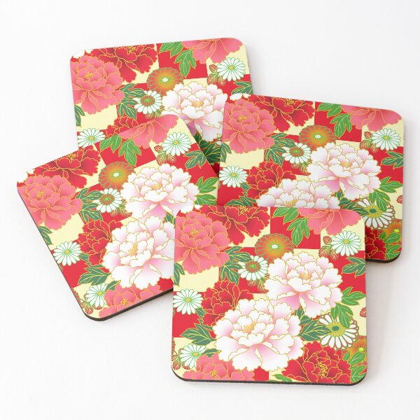Item preview, Red Pink Peony Vintage Japanese Floral Kimono Pattern designed and sold by Vicky Brago-Mitchell®.