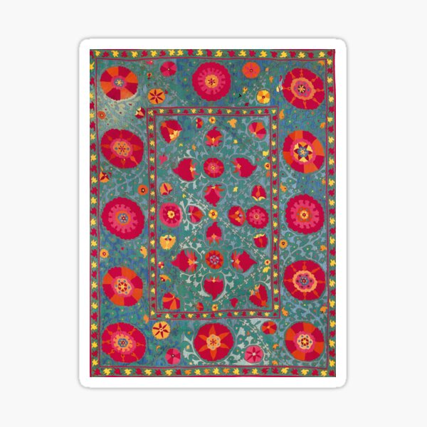 Aperçu de l'œuvre Impression de broderie Bokhara Suzani Ouzbékistan avec imprimé au sol vert d'eau créée et vendue par Vicky Brago-Mitchell®.