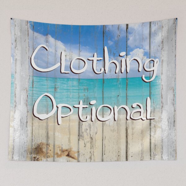 Item preview, Clothing Optional naughty tropical coastal beach house sign designed and sold by Glimmersmith.