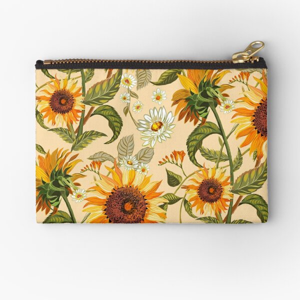 Sunflowers 70s vintage golden retro pattern, yellow and orange flowers Zipper Pouch