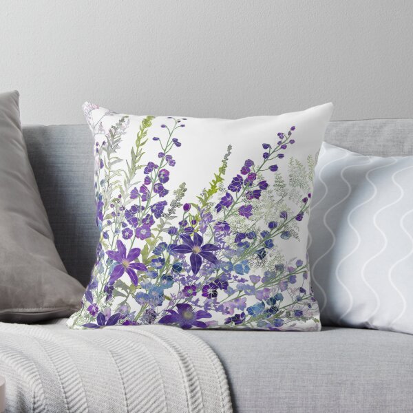 Purple Clematis & Delphiniums Throw Pillow