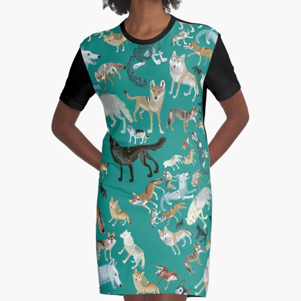 Wolves of the World (Green pattern) Graphic T-Shirt Dress