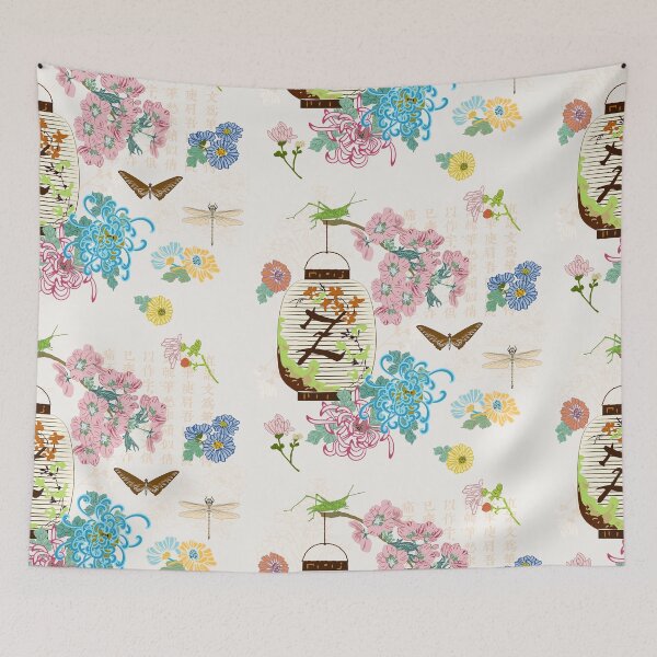 Item preview, Japanese lantern, chrysanthemums, cherry blossoms, koi  fishes, Japanese calligraphy are in this design. designed and sold by LizzyizzyDesign.