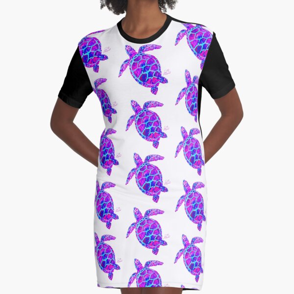 Sea Turtle Pink and Blue Graphic T-Shirt Dress