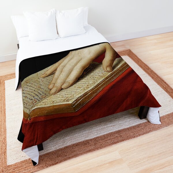 Renaissance old master cropped image, hand on book Comforter